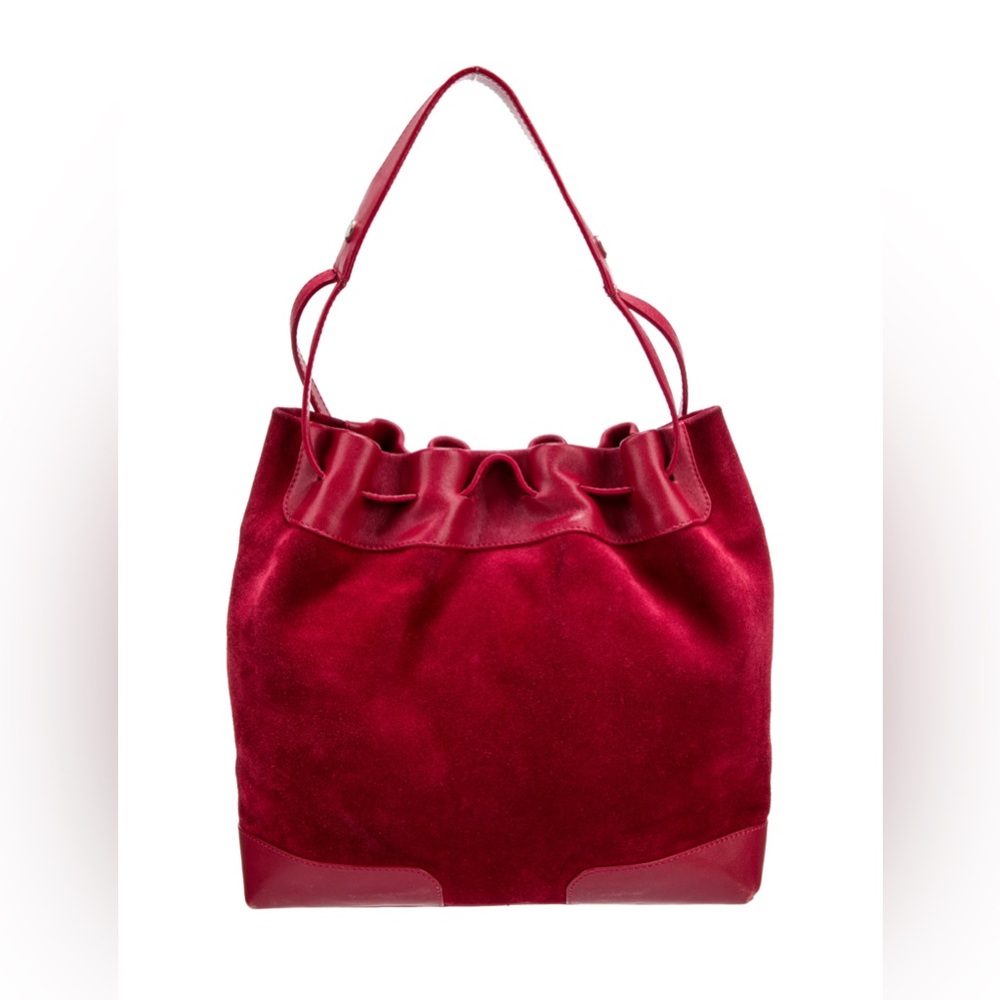 BURBERRY RED SUEDE AND LEATHER DRAWSTRING BUCKET BAG EUC